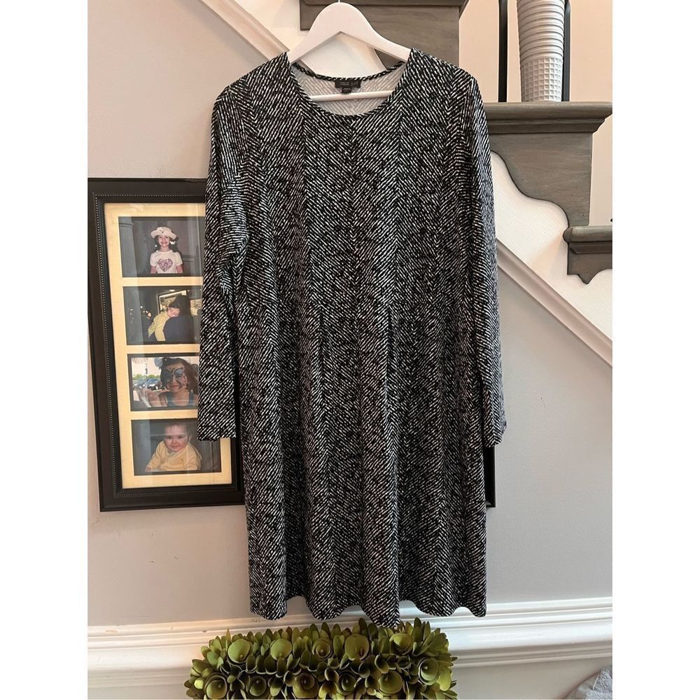 J. Jill Wearever Black & Gray Print Gathered Travel Dress sz LP EUC